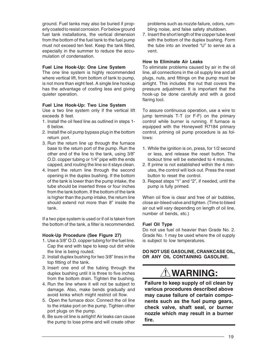 Warning | Nordyne Forced Air Gas and Oil Furnace M1M User Manual | Page 19 / 40