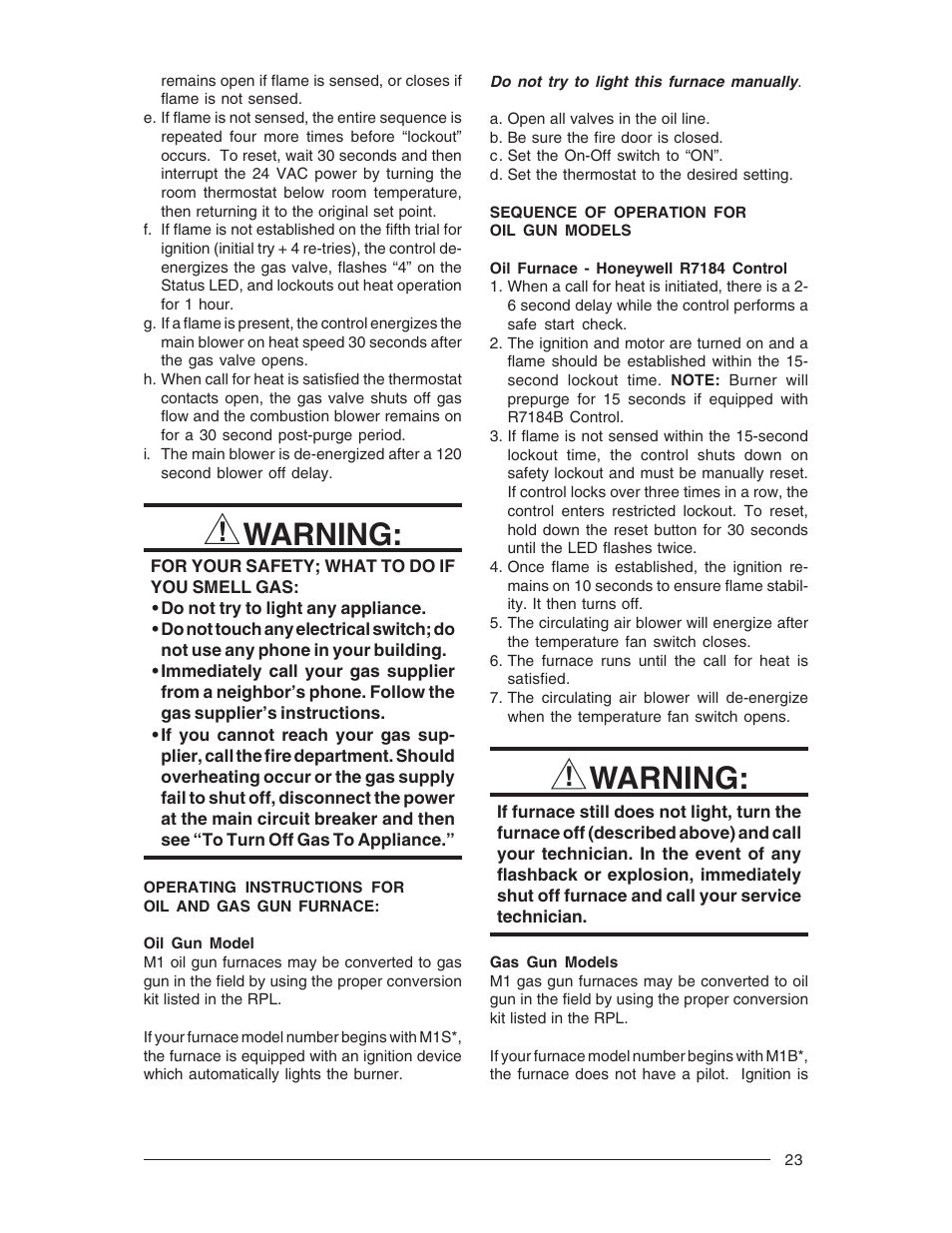 Warning | Nordyne Forced Air Gas and Oil Furnace M1M User Manual | Page 23 / 40