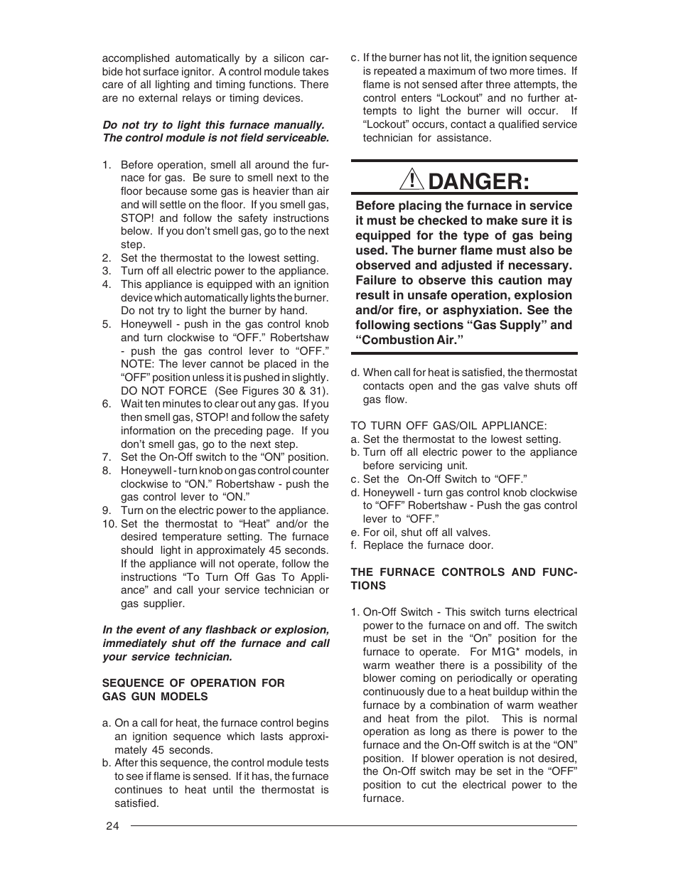 Danger | Nordyne Forced Air Gas and Oil Furnace M1M User Manual | Page 24 / 40