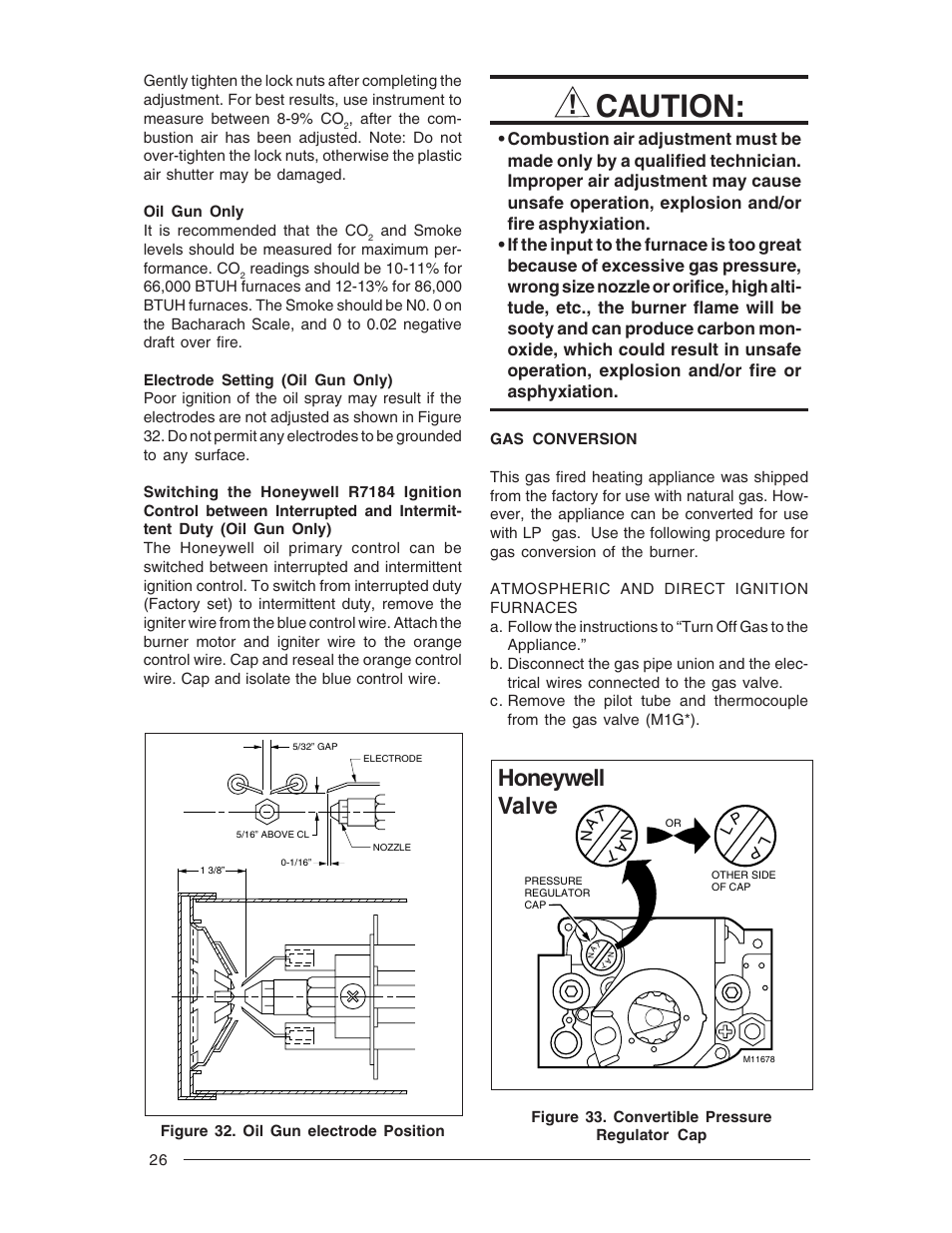 Caution, Honeywell valve | Nordyne Forced Air Gas and Oil Furnace M1M User Manual | Page 26 / 40