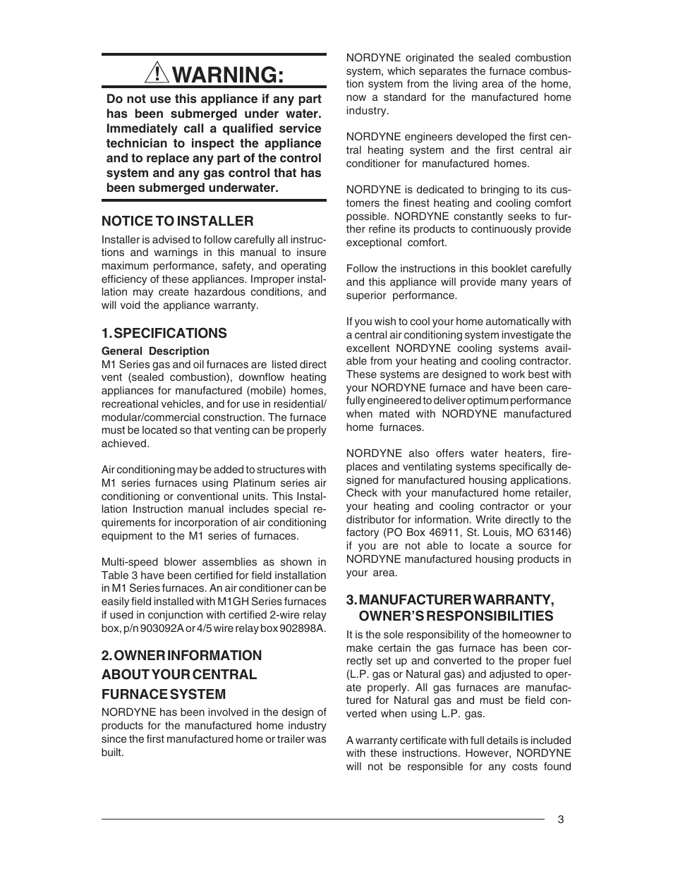 Warning | Nordyne Forced Air Gas and Oil Furnace M1M User Manual | Page 3 / 40