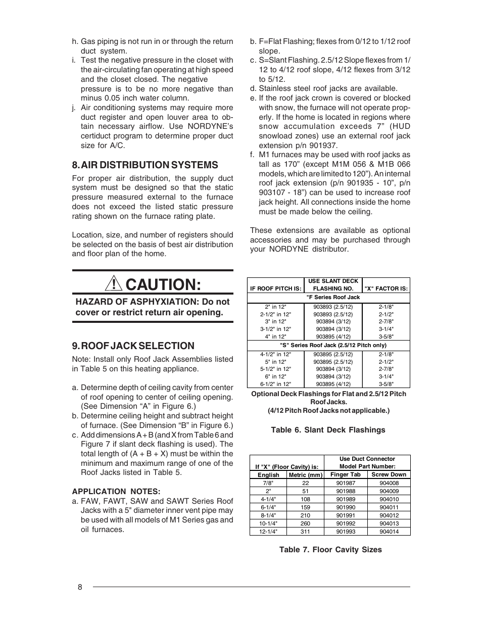 Caution, Air distribution systems, Roof jack selection | Nordyne Forced Air Gas and Oil Furnace M1M User Manual | Page 8 / 40