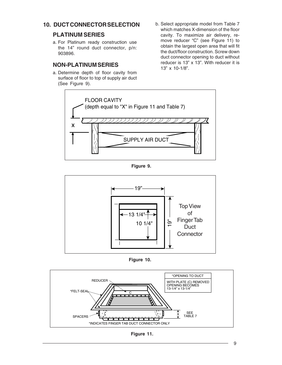 Duct connector selection, Top view of finger tab duct connector, Platinum series | Non-platinum series | Nordyne Forced Air Gas and Oil Furnace M1M User Manual | Page 9 / 40