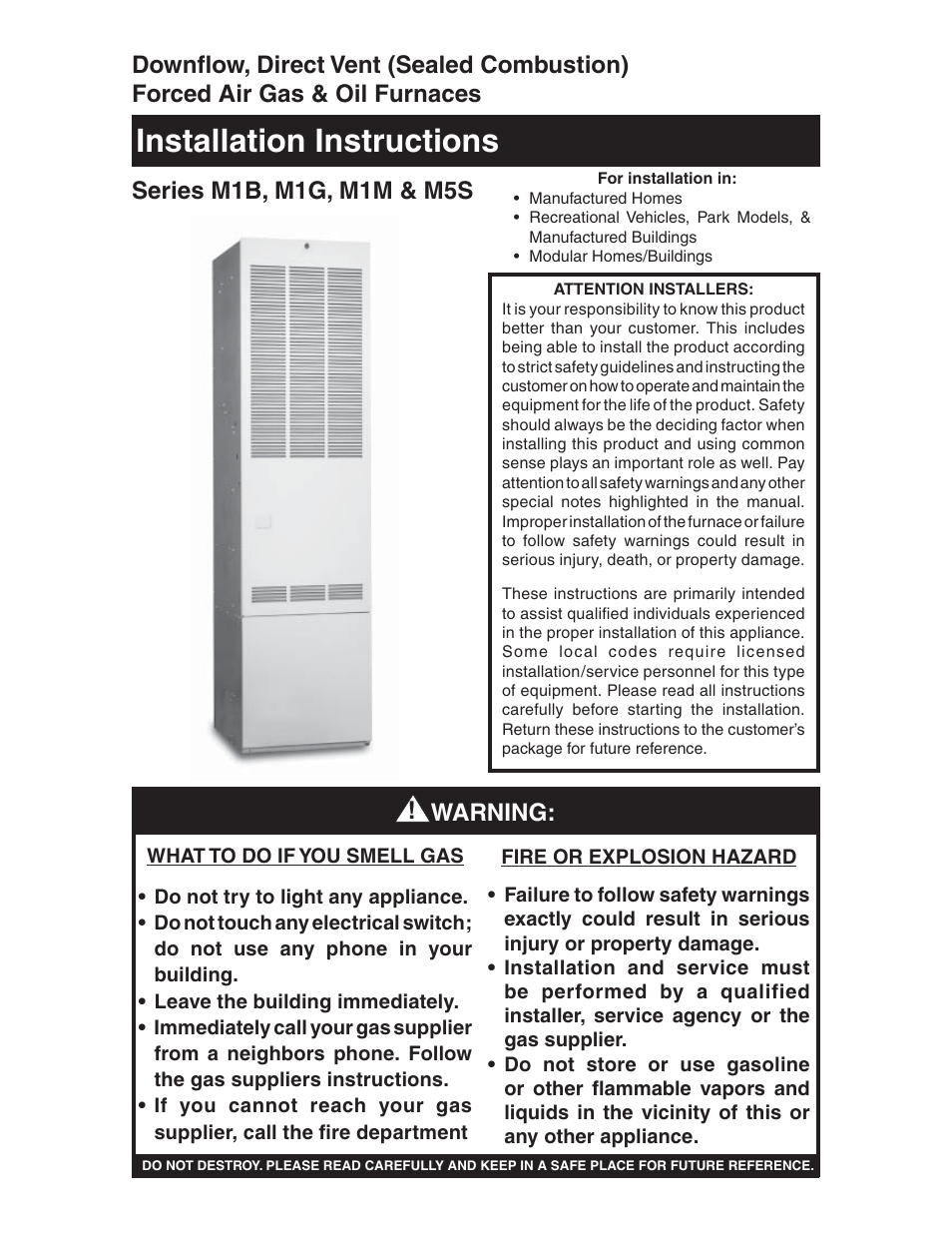 Nordyne Downflow Direct Vent Forced Air Gas Oil Furnaces SERIES M1B User Manual | 40 pages