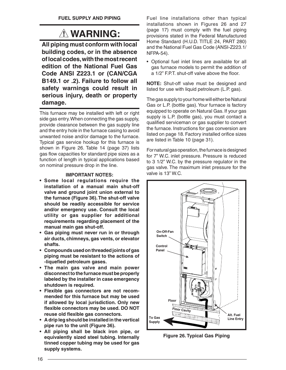 Warning | Nordyne Downflow Direct Vent Forced Air Gas Oil Furnaces SERIES M1B User Manual | Page 16 / 40