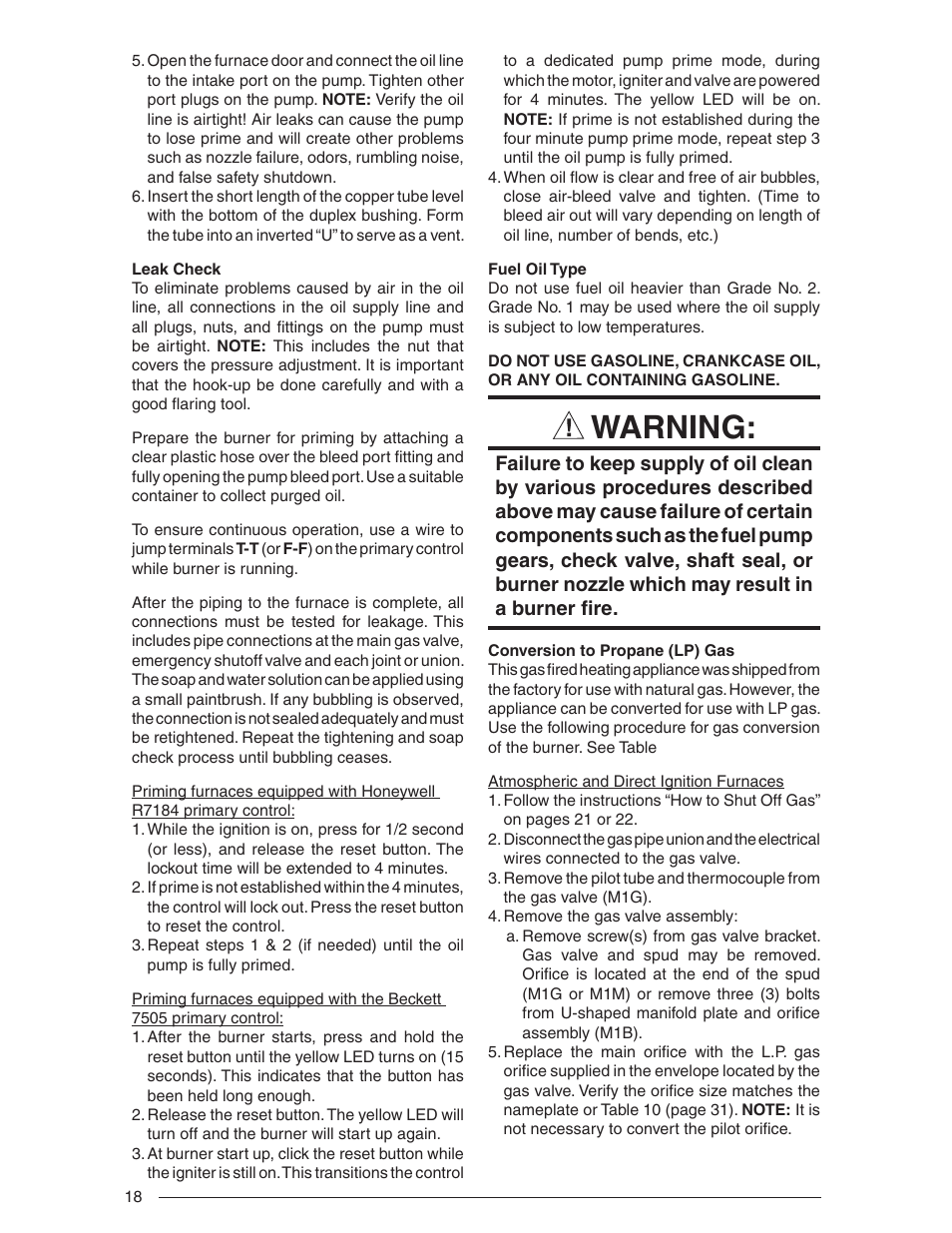 Warning | Nordyne Downflow Direct Vent Forced Air Gas Oil Furnaces SERIES M1B User Manual | Page 18 / 40