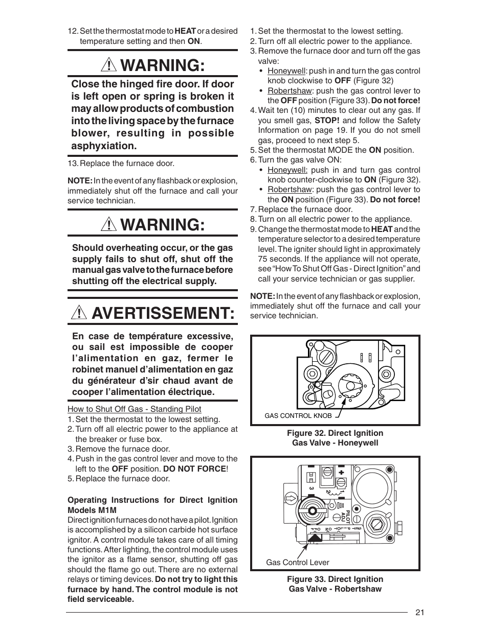 Warning, Avertissement | Nordyne Downflow Direct Vent Forced Air Gas Oil Furnaces SERIES M1B User Manual | Page 21 / 40