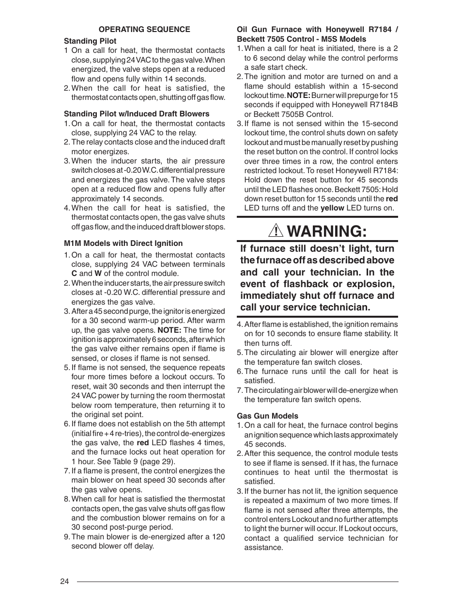 Warning | Nordyne Downflow Direct Vent Forced Air Gas Oil Furnaces SERIES M1B User Manual | Page 24 / 40