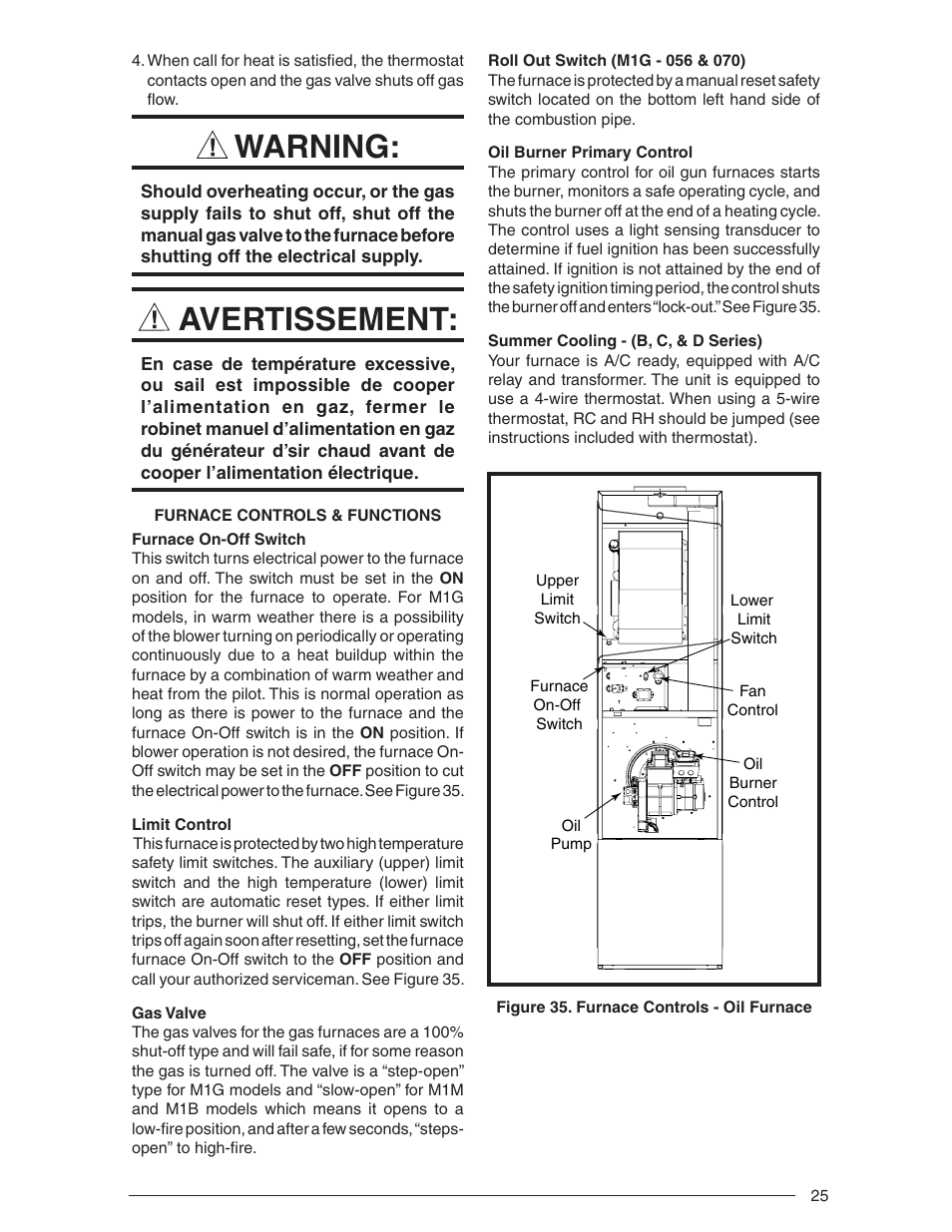 Warning, Avertissement | Nordyne Downflow Direct Vent Forced Air Gas Oil Furnaces SERIES M1B User Manual | Page 25 / 40