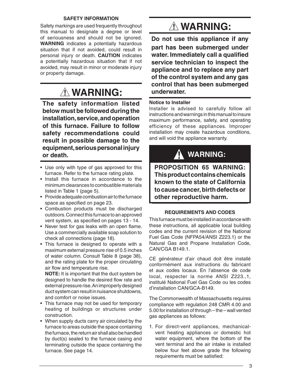 Warning | Nordyne Downflow Direct Vent Forced Air Gas Oil Furnaces SERIES M1B User Manual | Page 3 / 40