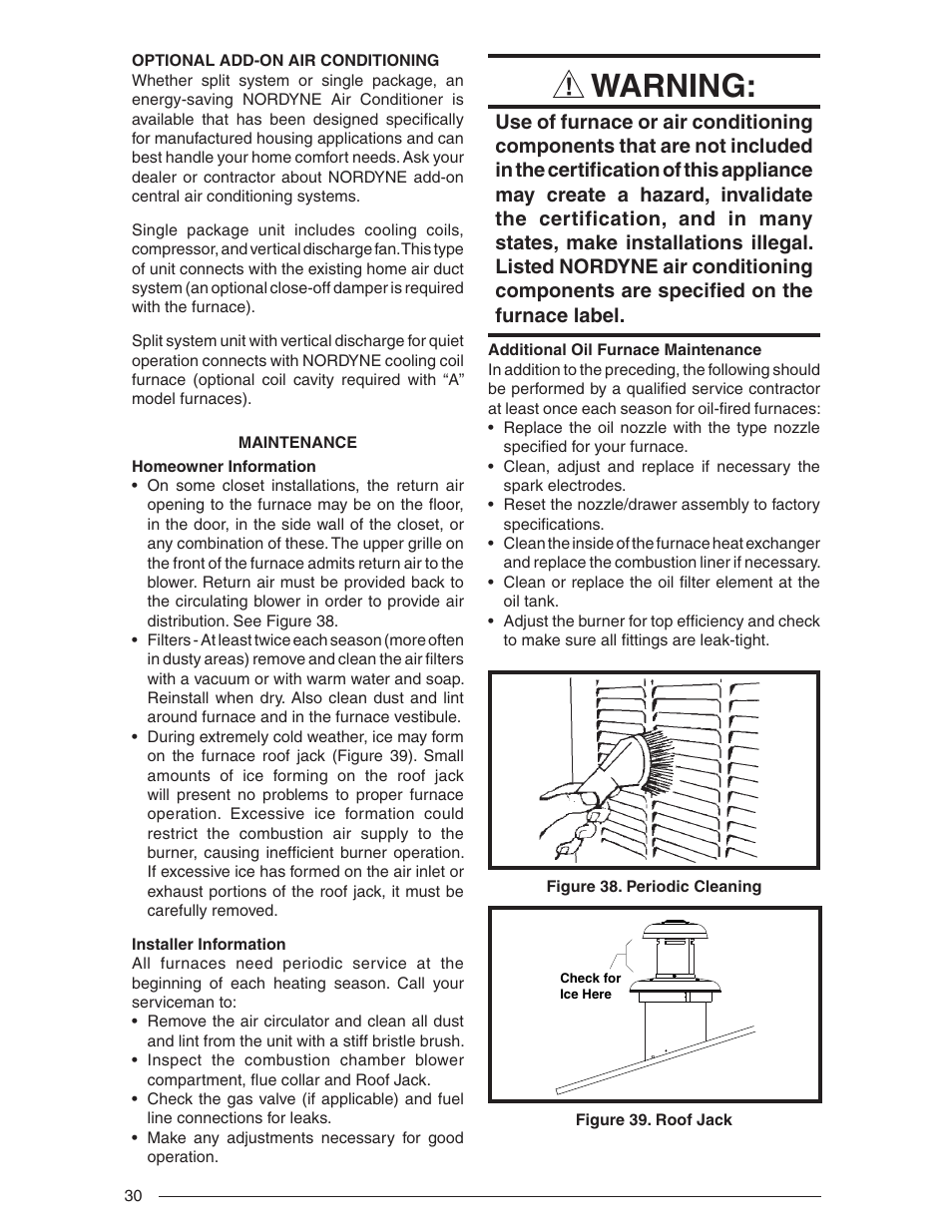 Warning | Nordyne Downflow Direct Vent Forced Air Gas Oil Furnaces SERIES M1B User Manual | Page 30 / 40