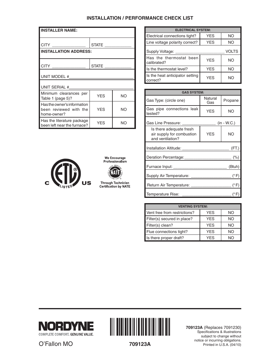 O’fallon mo | Nordyne Downflow Direct Vent Forced Air Gas Oil Furnaces SERIES M1B User Manual | Page 40 / 40