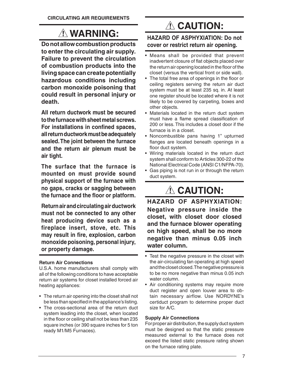 Warning, Caution | Nordyne Downflow Direct Vent Forced Air Gas Oil Furnaces SERIES M1B User Manual | Page 7 / 40