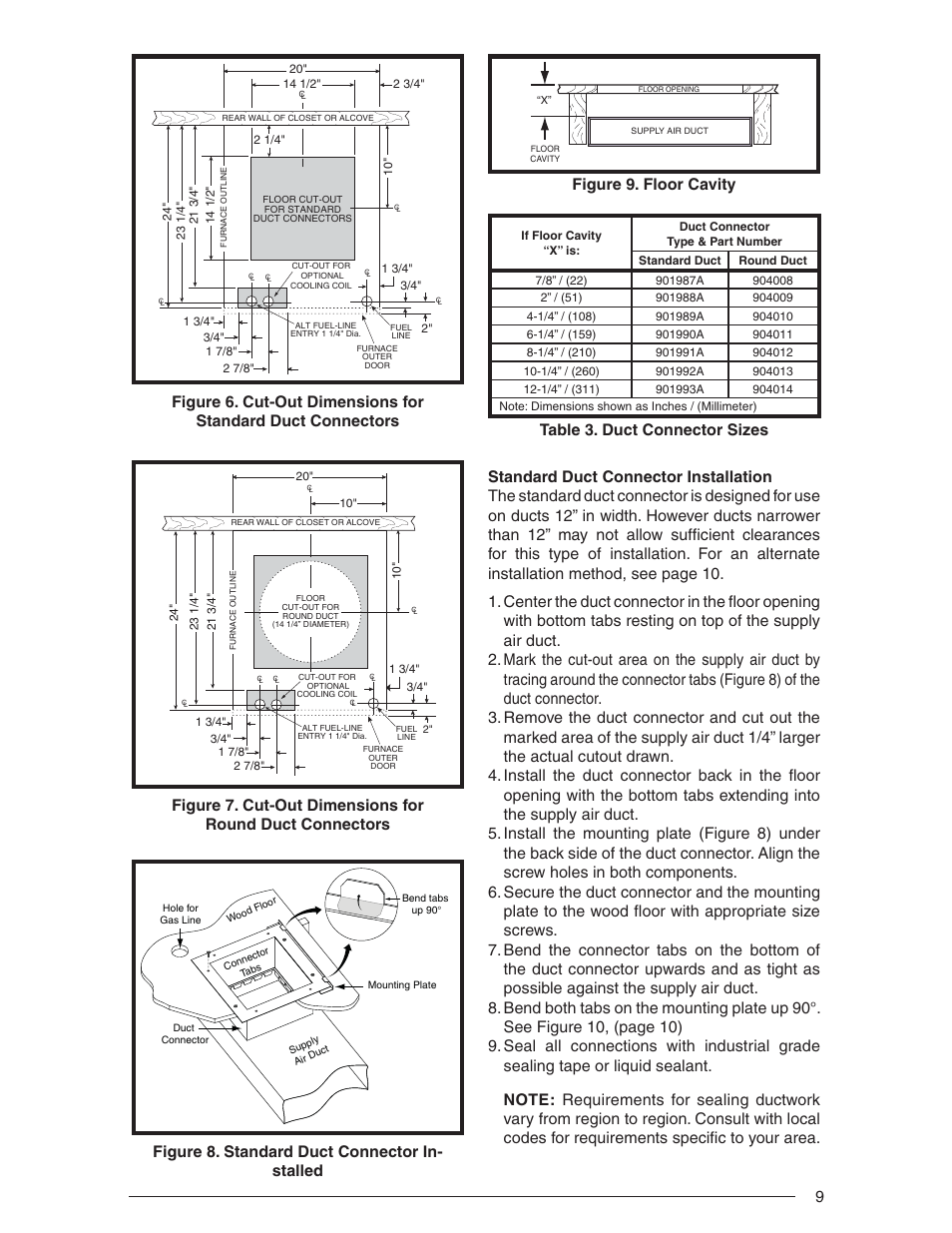 Figure 8. standard duct connector in- stalled, Table 3. duct connector sizes | Nordyne Downflow Direct Vent Forced Air Gas Oil Furnaces SERIES M1B User Manual | Page 9 / 40