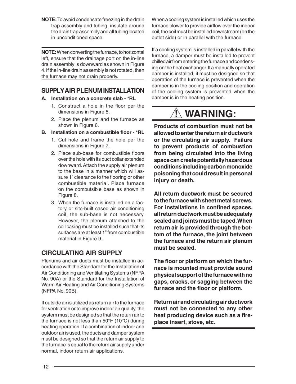 Warning | Nordyne RL 90+ User Manual | Page 12 / 40