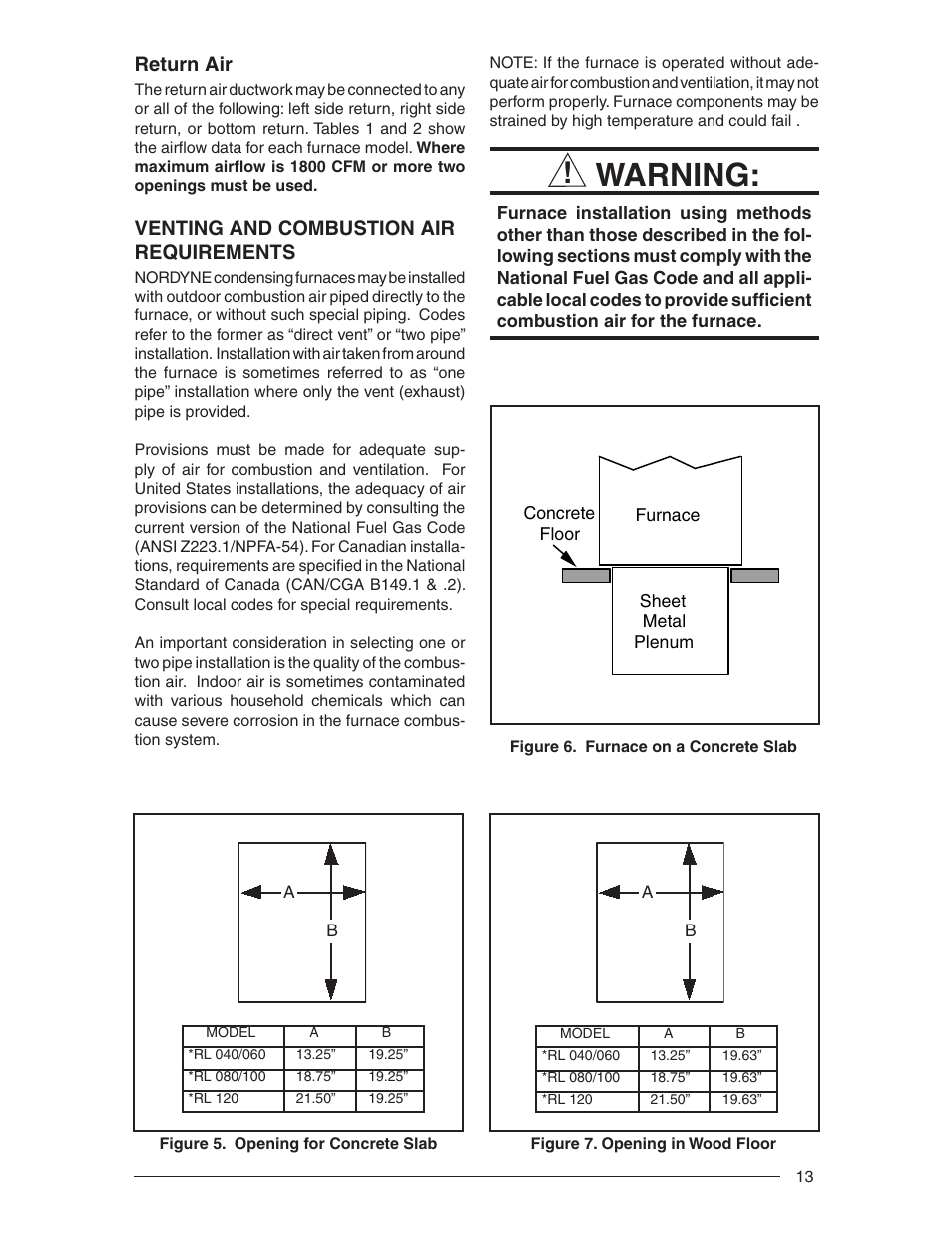 Warning, Return air, Venting and combustion air requirements | Nordyne RL 90+ User Manual | Page 13 / 40