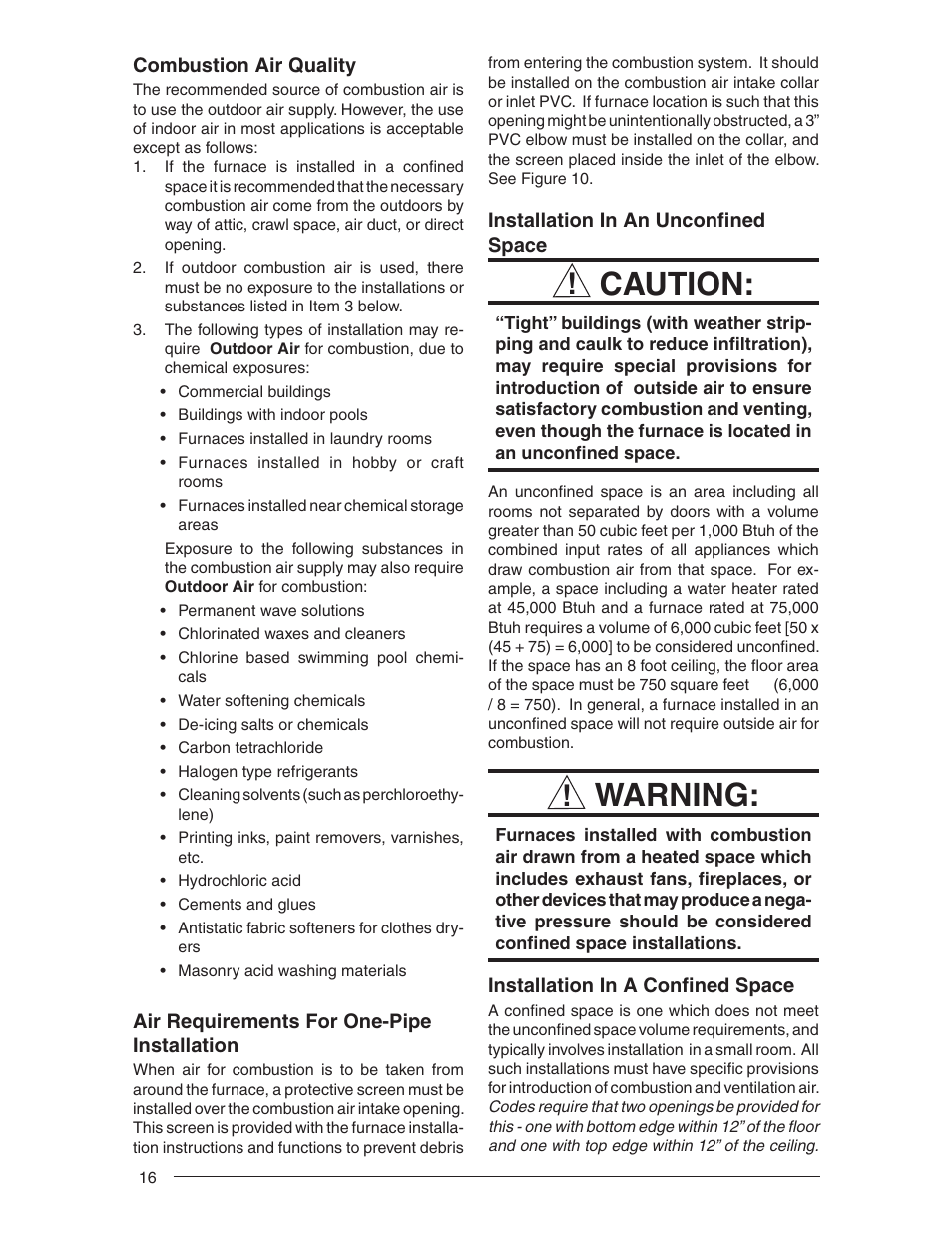 Caution, Warning | Nordyne RL 90+ User Manual | Page 16 / 40