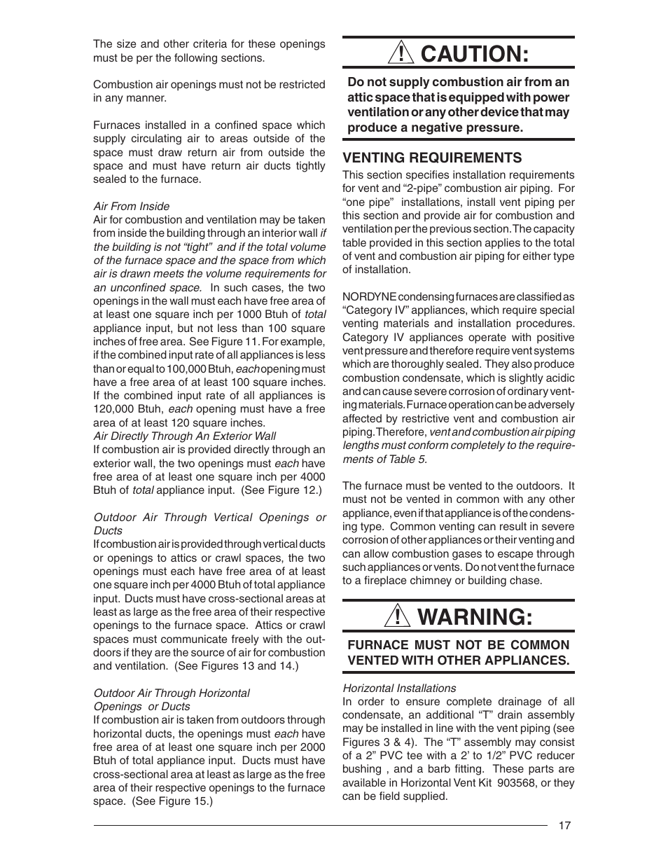 Caution, Warning | Nordyne RL 90+ User Manual | Page 17 / 40