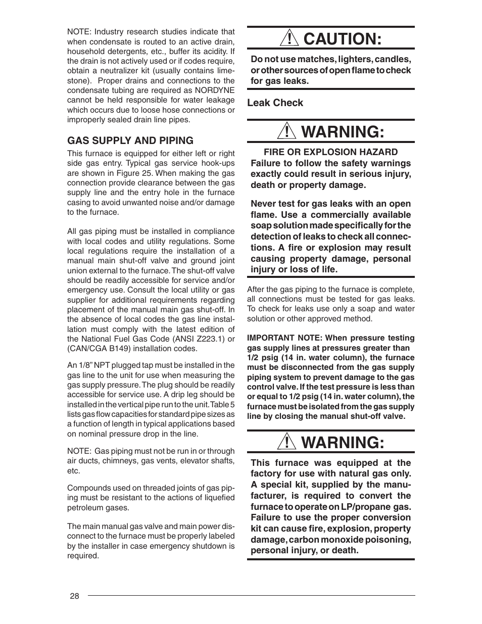 Caution, Warning | Nordyne RL 90+ User Manual | Page 28 / 40