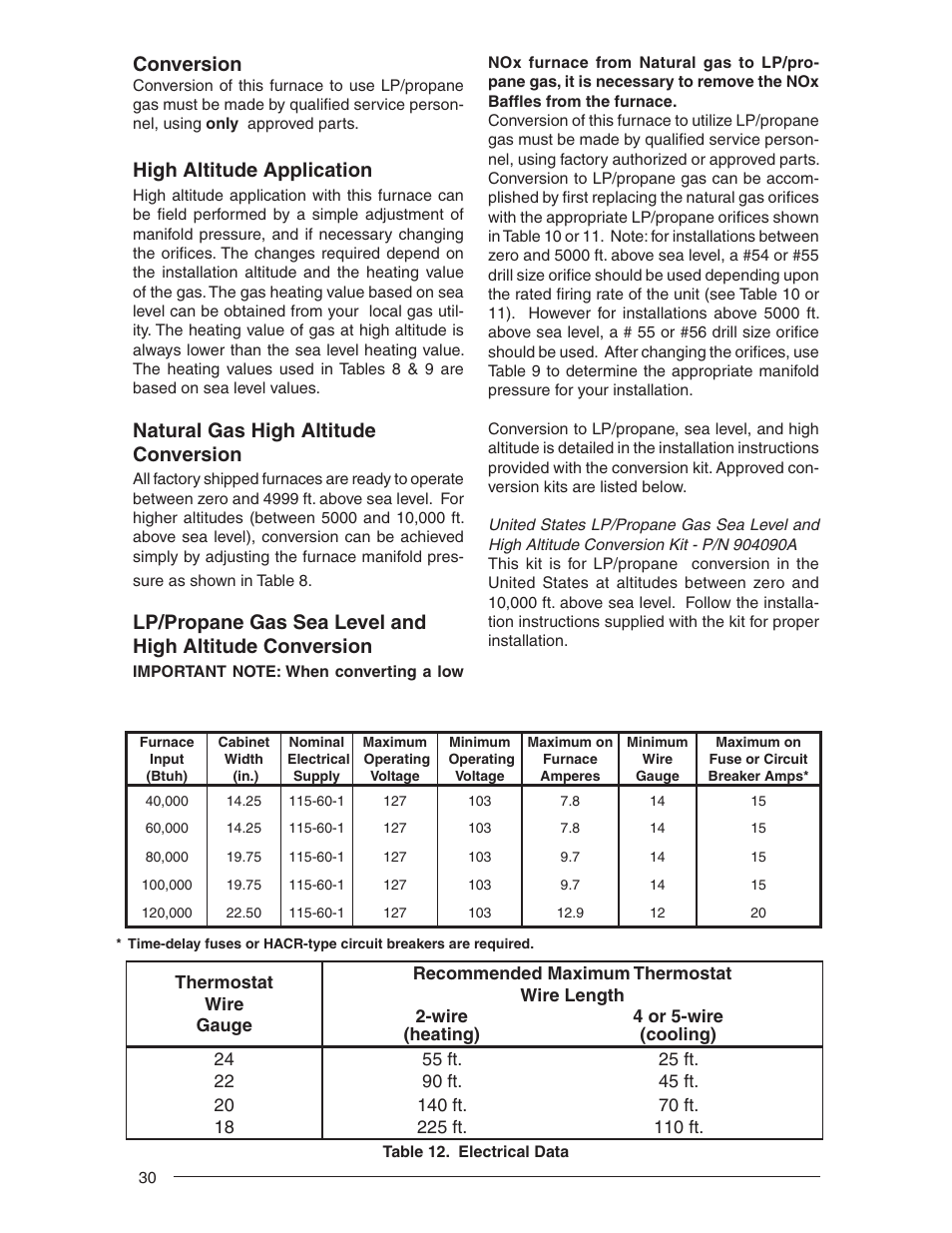 Conversion, High altitude application, Natural gas high altitude conversion | Nordyne RL 90+ User Manual | Page 30 / 40