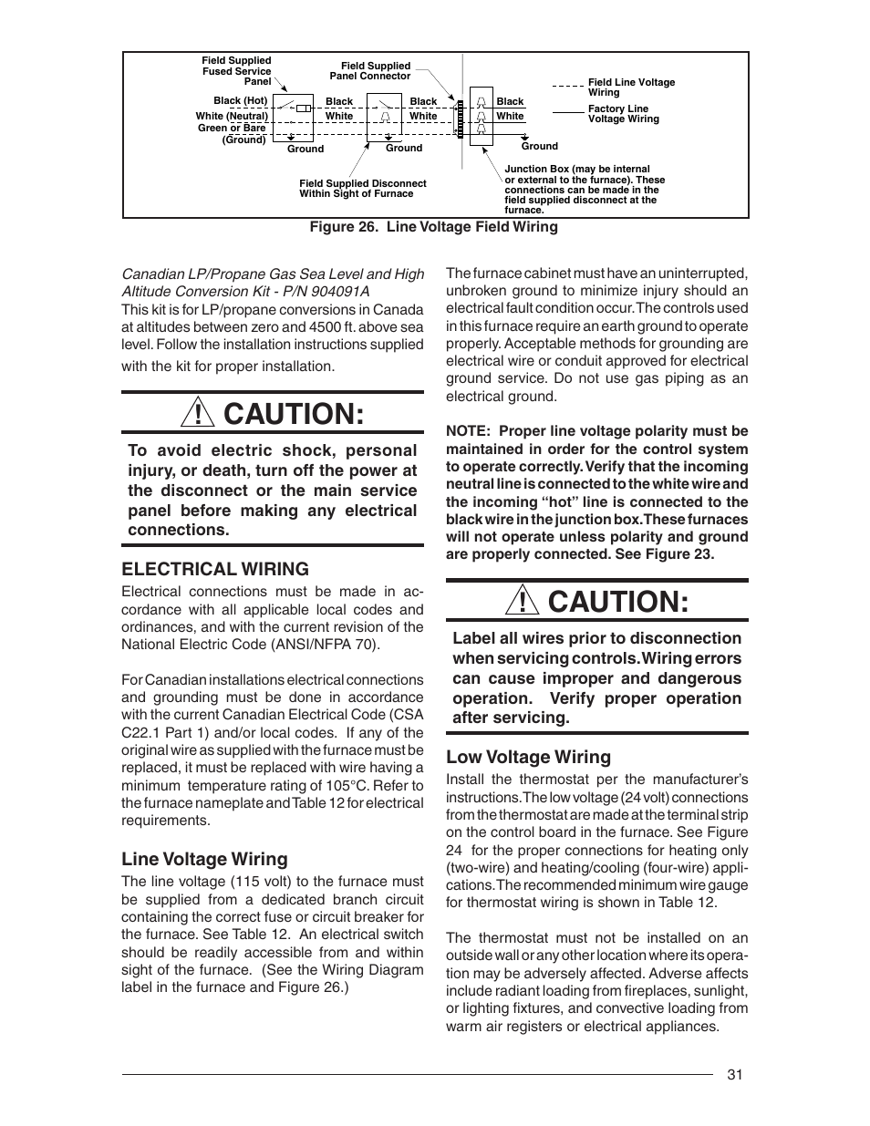 Caution, Electrical wiring, Line voltage wiring | Low voltage wiring | Nordyne RL 90+ User Manual | Page 31 / 40