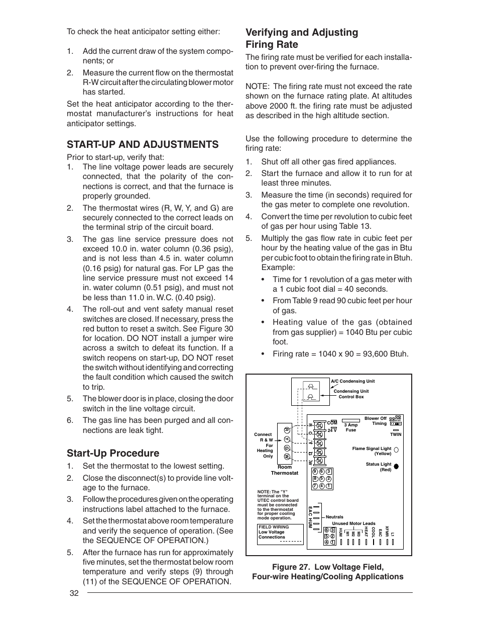 Start-up and adjustments, Start-up procedure, Verifying and adjusting firing rate | Nordyne RL 90+ User Manual | Page 32 / 40