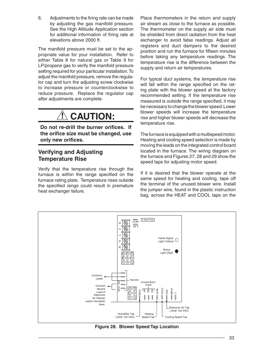 Caution, Verifying and adjusting temperature rise | Nordyne RL 90+ User Manual | Page 33 / 40