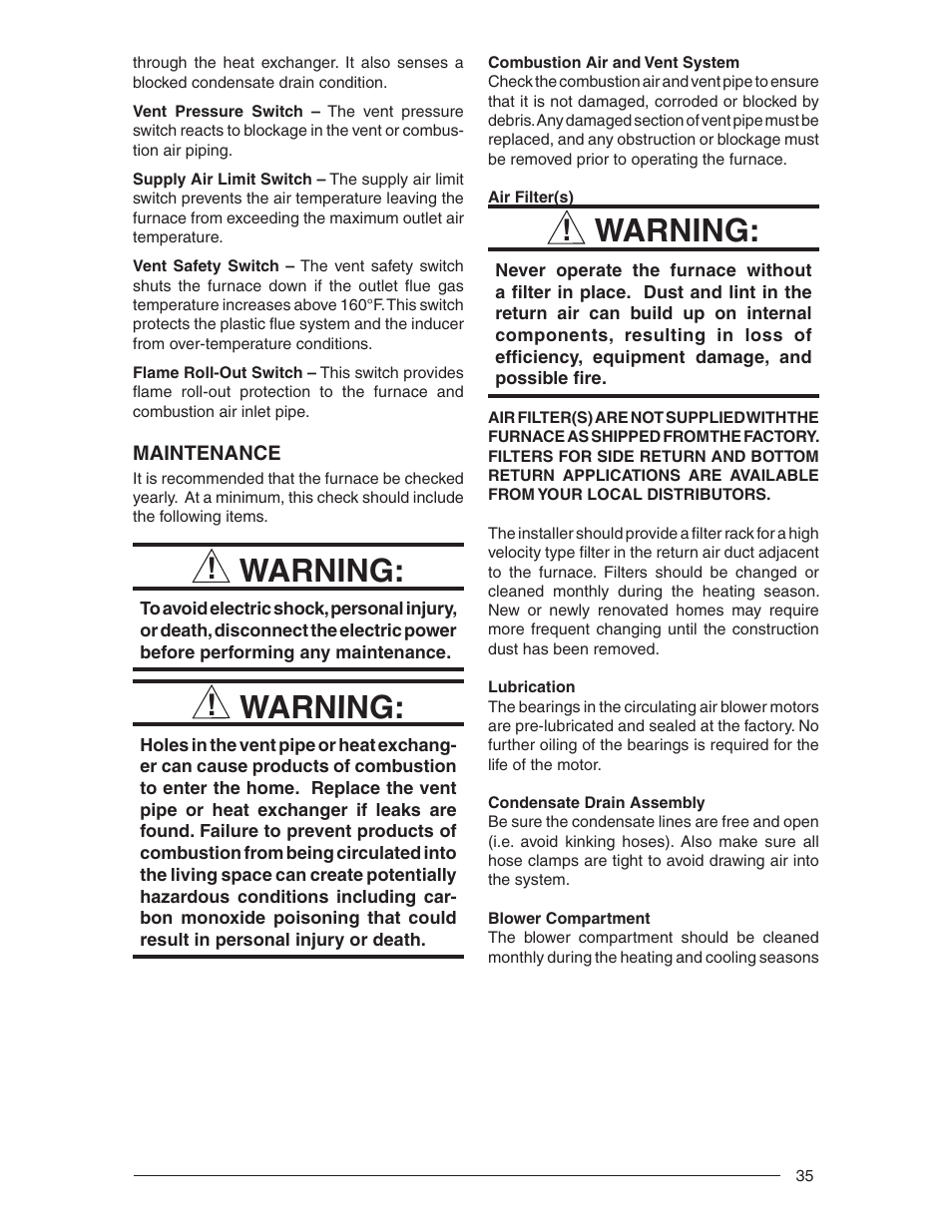 Warning | Nordyne RL 90+ User Manual | Page 35 / 40