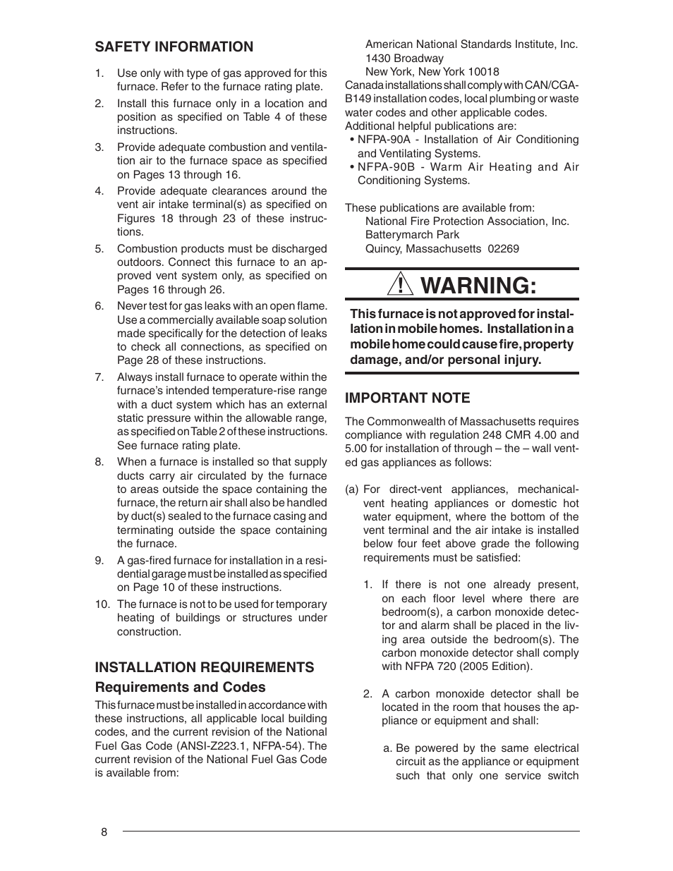 Warning | Nordyne RL 90+ User Manual | Page 8 / 40