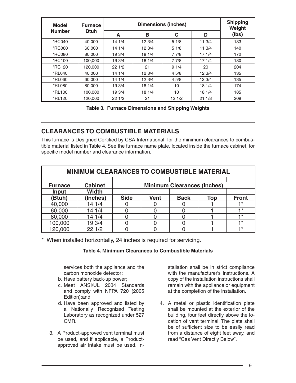 Clearances to combustible materials, Minimum clearances to combustible material | Nordyne RL 90+ User Manual | Page 9 / 40