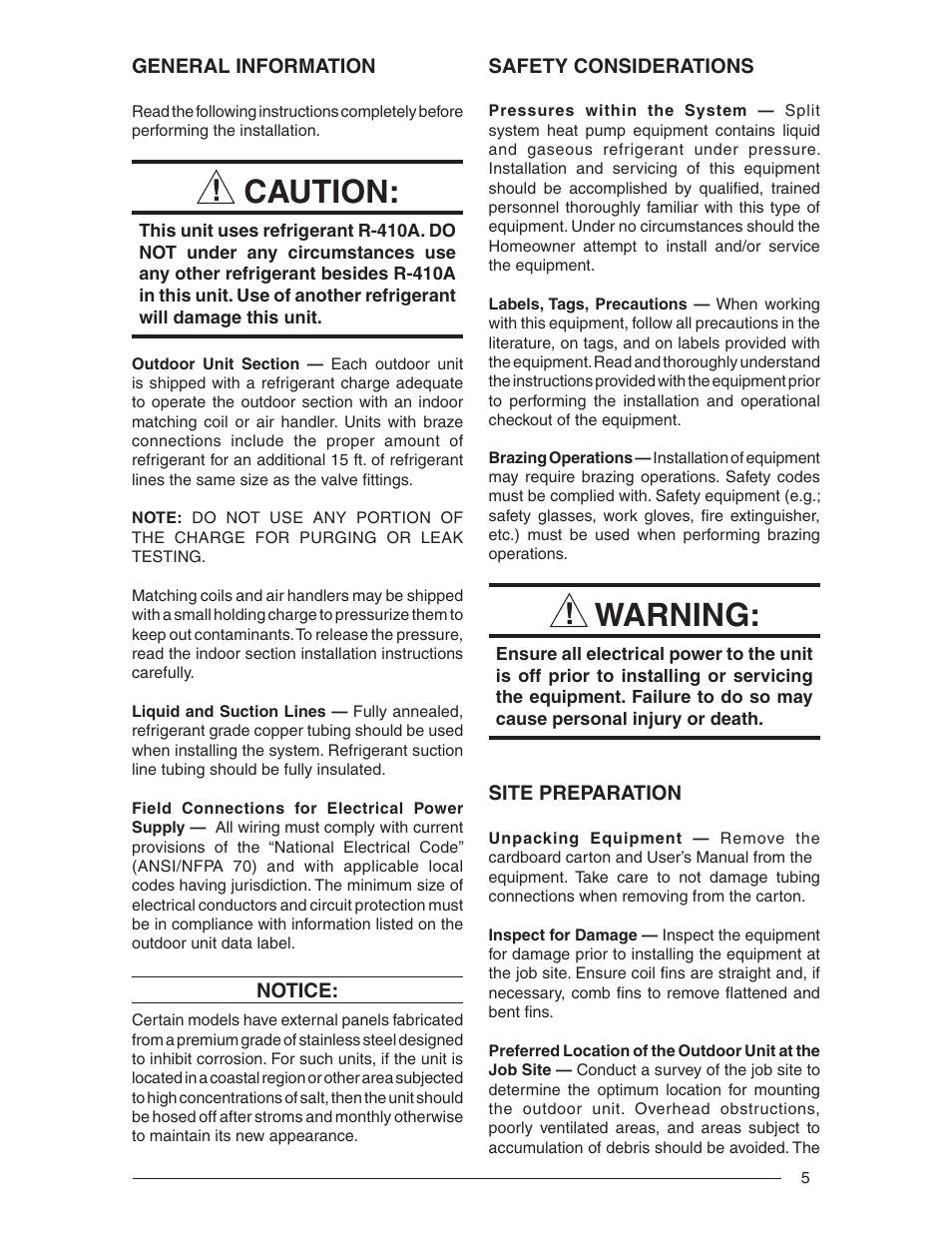 Caution, Warning | Nordyne R-410A User Manual | Page 5 / 24