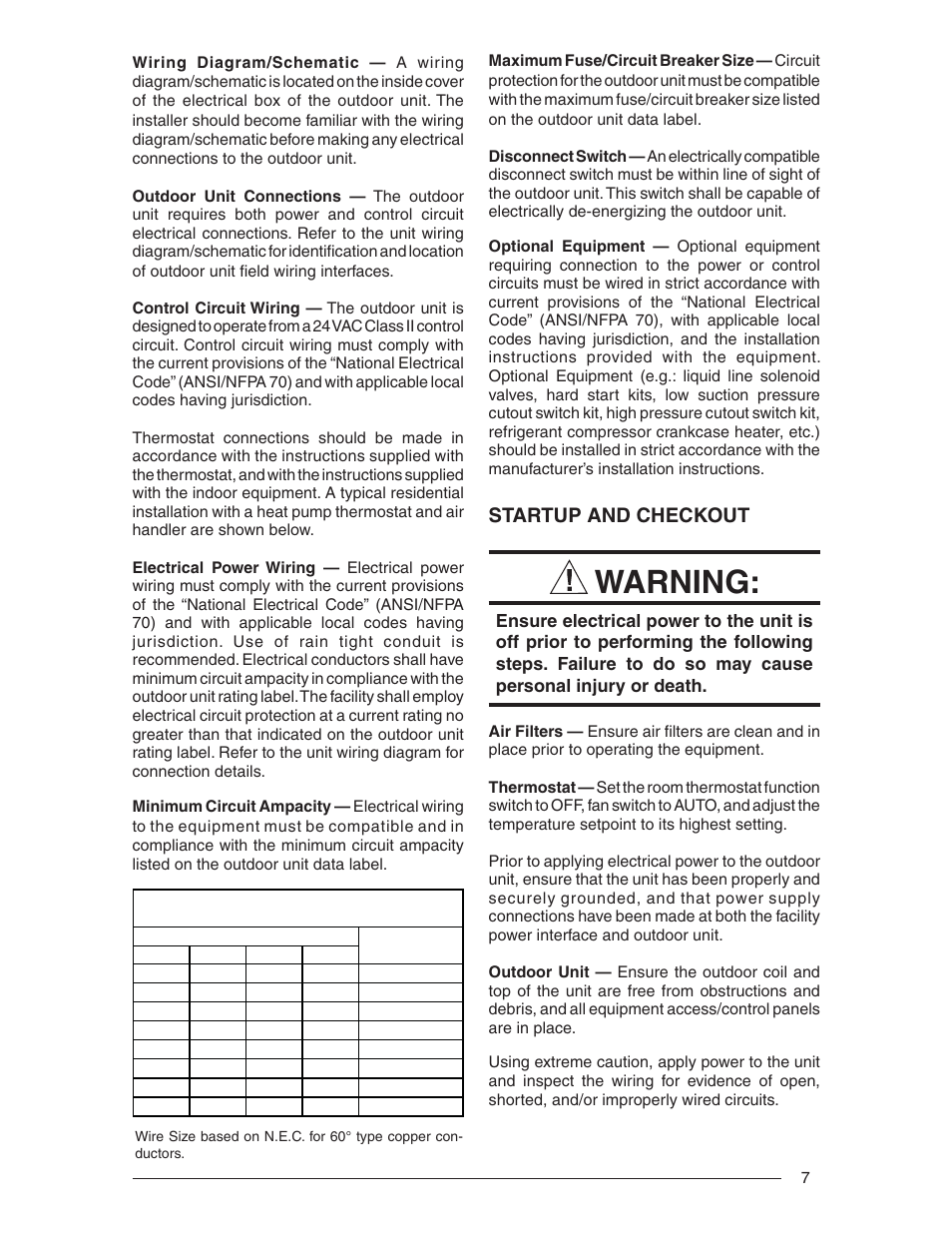 Warning, Startup and checkout | Nordyne R-410A User Manual | Page 7 / 24