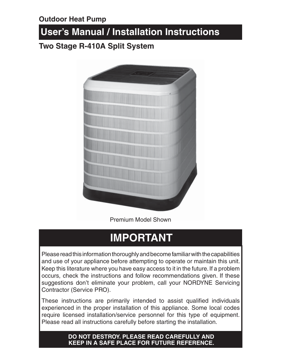 Nordyne Outdoor Heat Pump Two Stage Split System R-410A User Manual | 20 pages