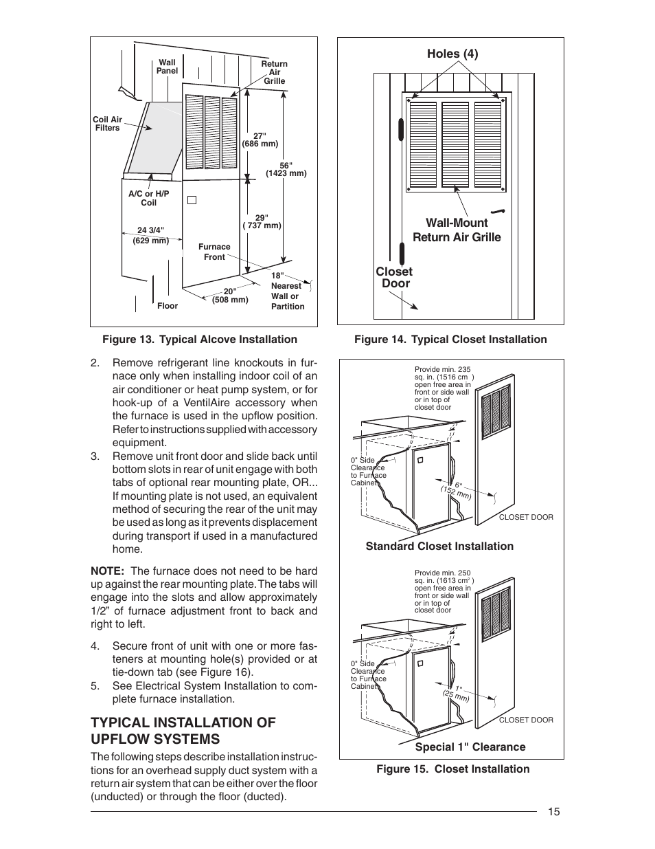 Typical installation of upflow systems, Wall-mount return air grille holes (4) closet door | Nordyne E3 Series User Manual | Page 15 / 32