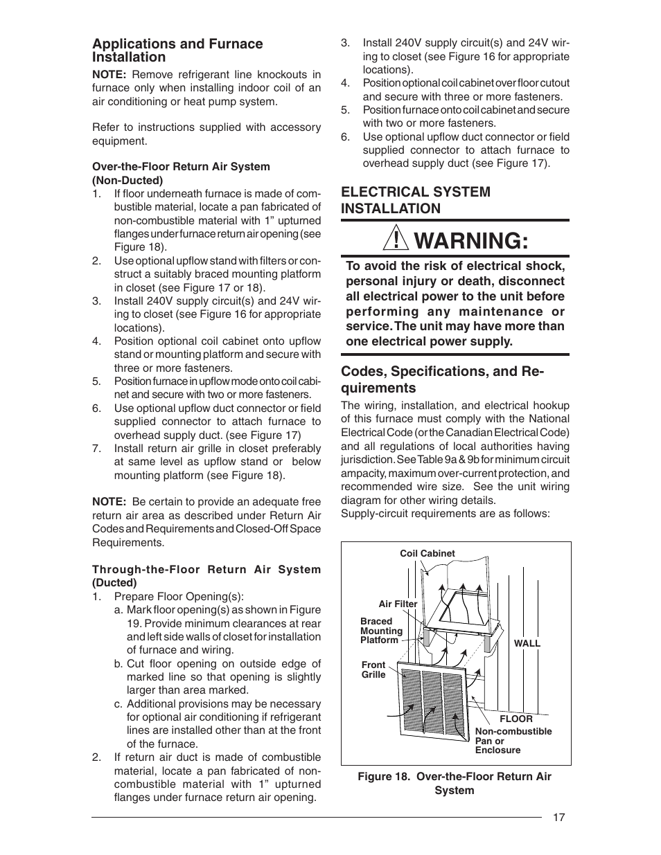 Warning, Electrical system installation, Codes, specifi cations, and re- quirements | Applications and furnace installation | Nordyne E3 Series User Manual | Page 17 / 32