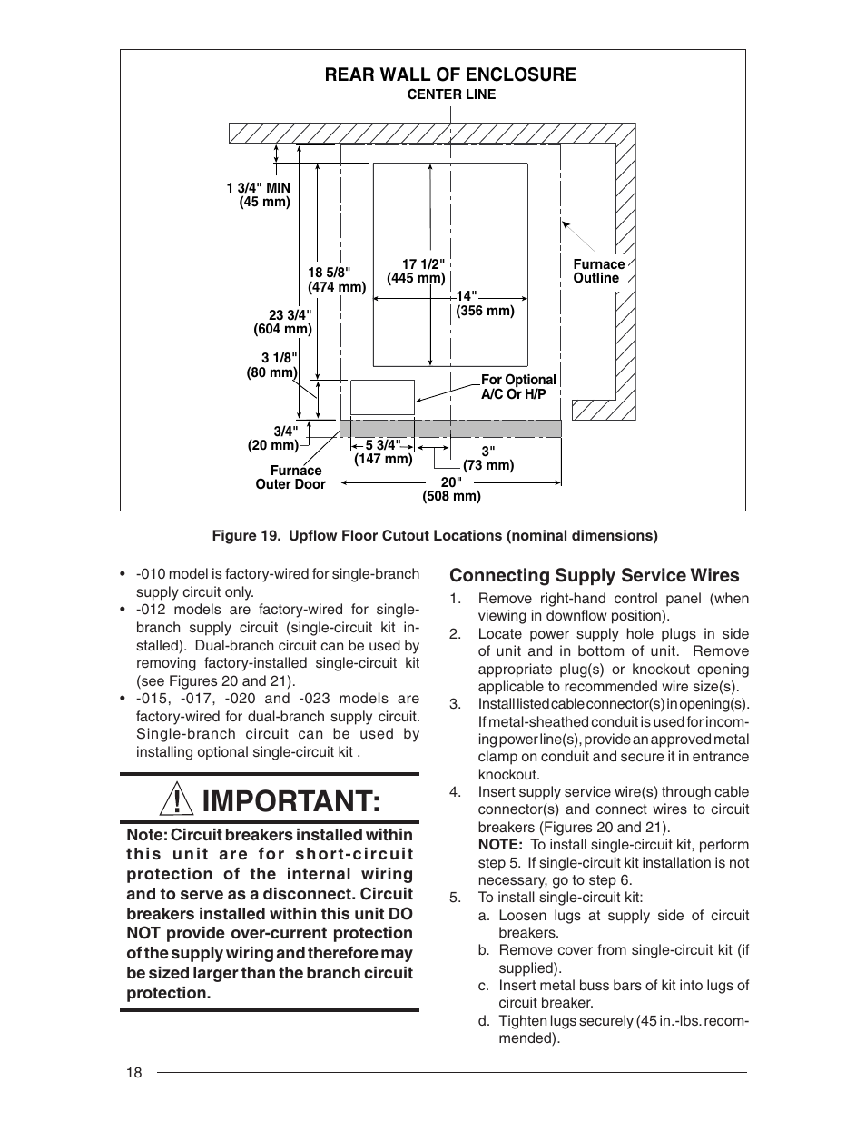 Important, Rear wall of enclosure, Connecting supply service wires | Nordyne E3 Series User Manual | Page 18 / 32