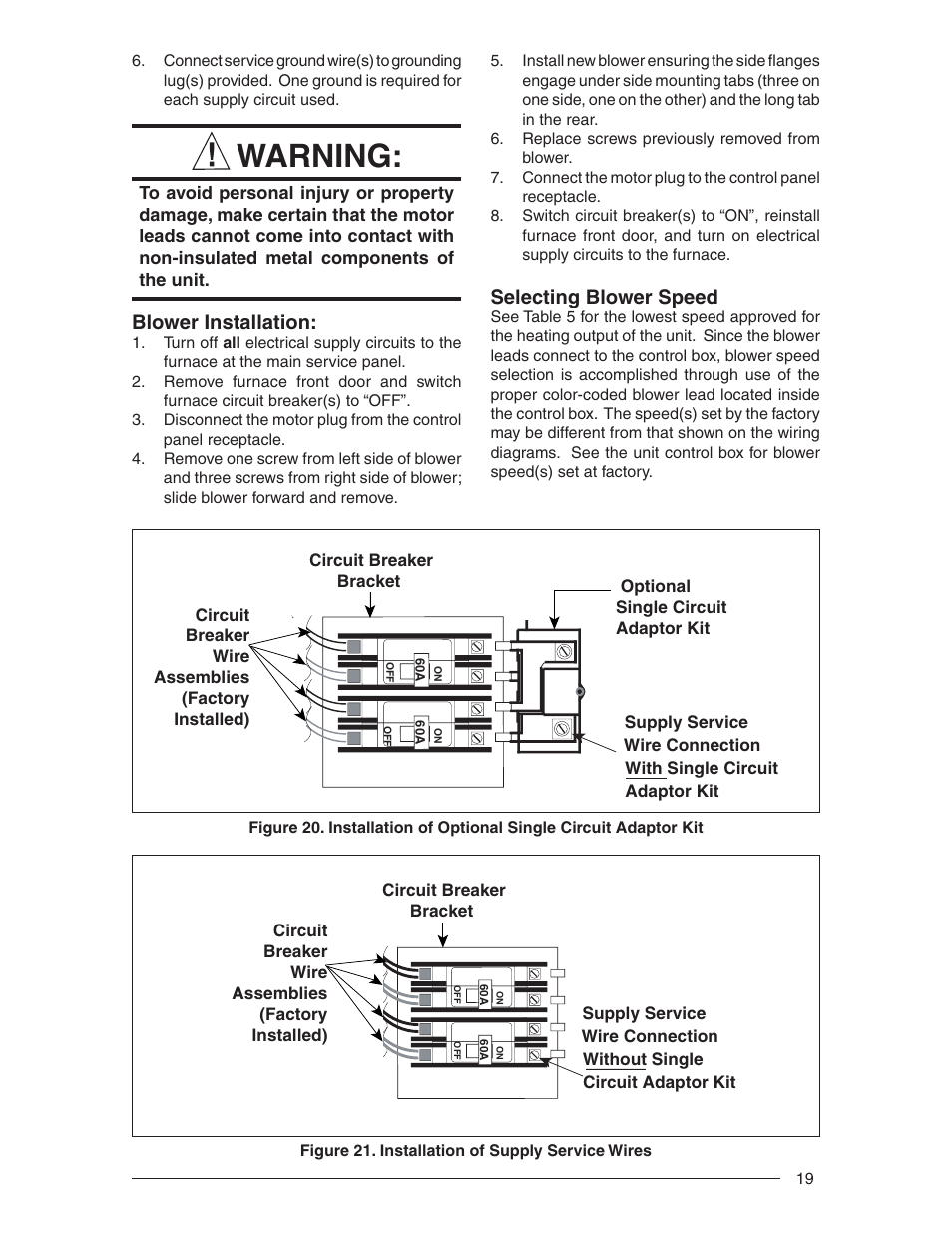 Warning, Blower installation, Selecting blower speed | Nordyne E3 Series User Manual | Page 19 / 32