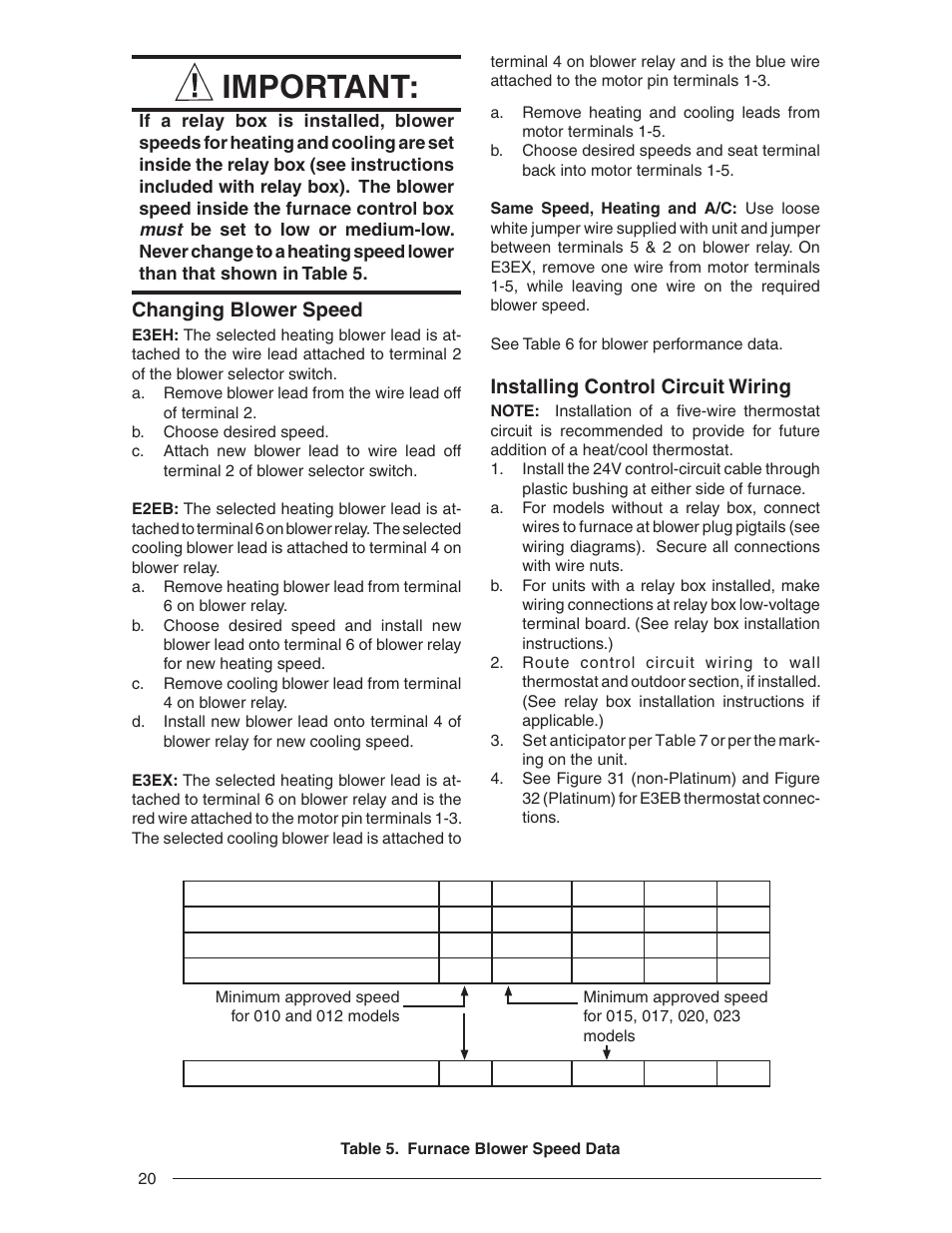 Important, Changing blower speed, Installing control circuit wiring | Nordyne E3 Series User Manual | Page 20 / 32