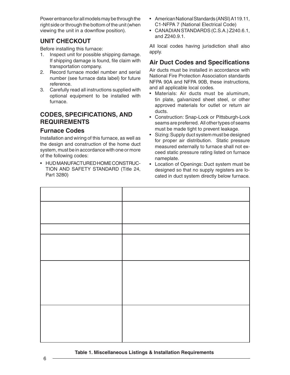 Unit checkout, Air duct codes and specifi cations | Nordyne E3 Series User Manual | Page 6 / 32