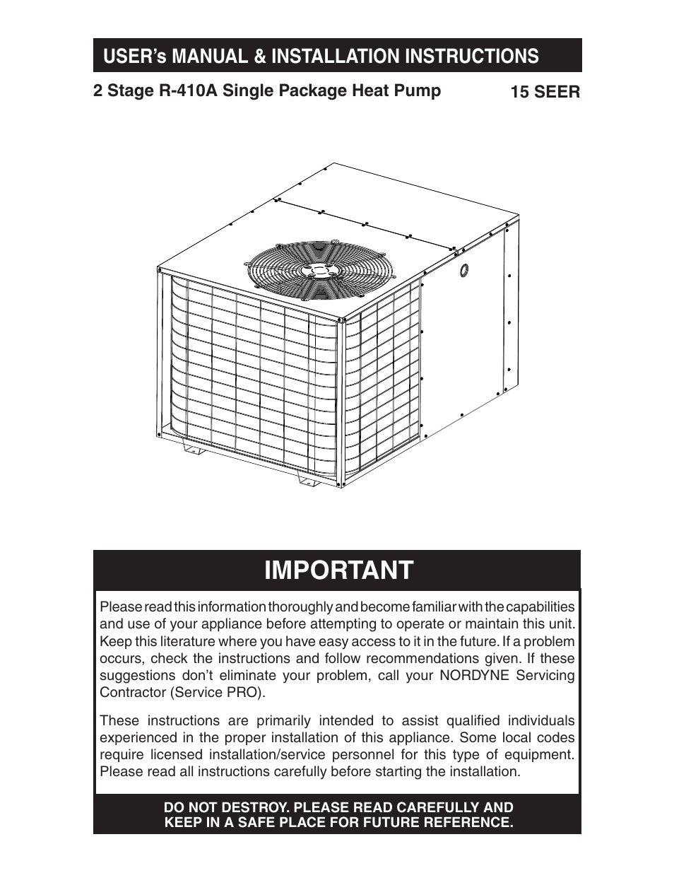 Nordyne Single Package Heat Pump R-410A User Manual | 20 pages