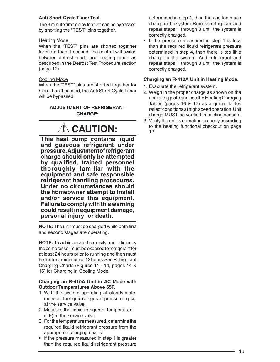 Caution | Nordyne Single Package Heat Pump R-410A User Manual | Page 13 / 20