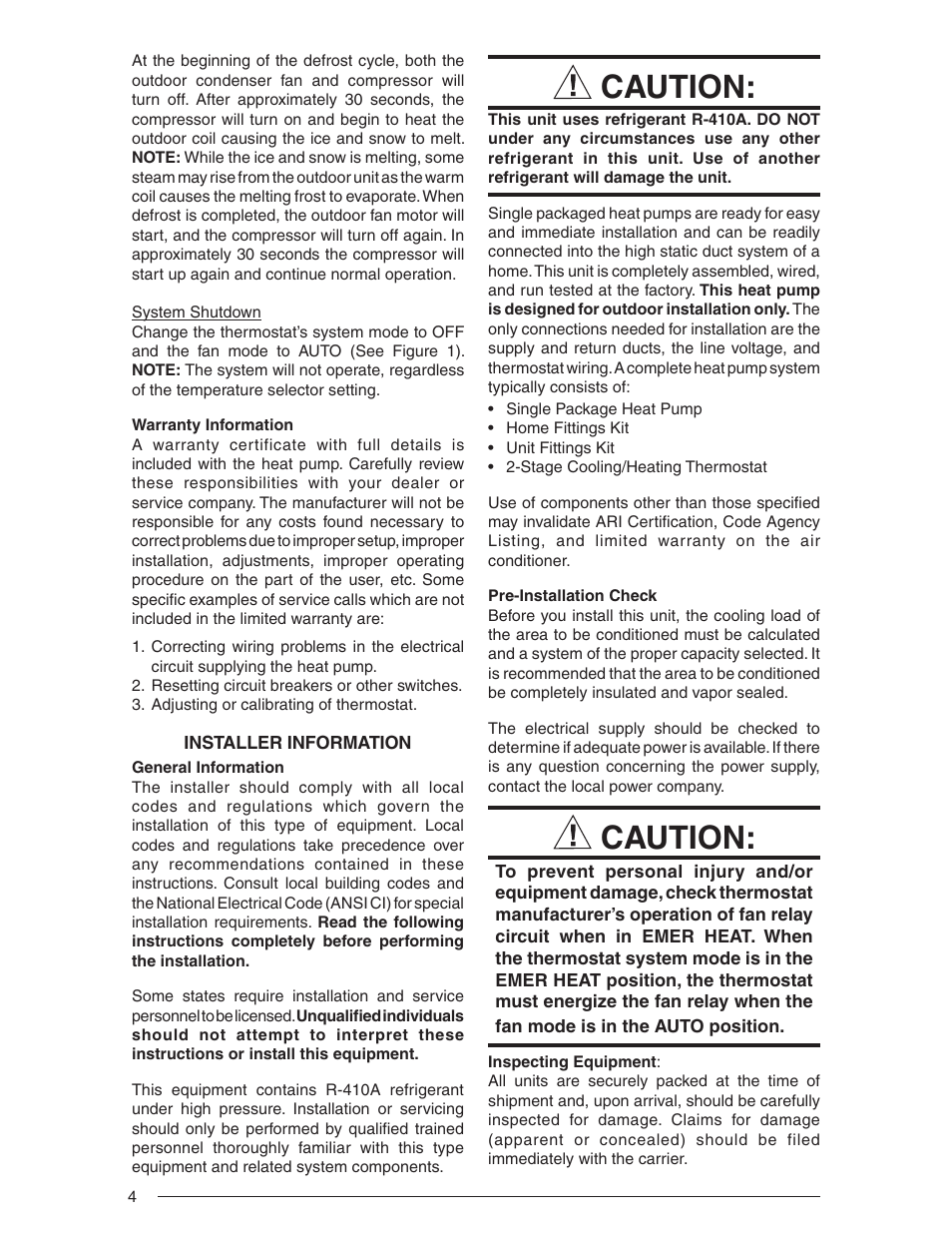 Caution | Nordyne Single Package Heat Pump R-410A User Manual | Page 4 / 20