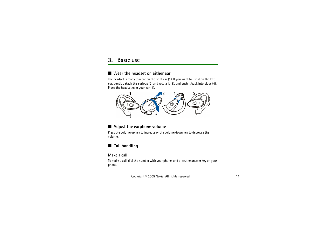 Basic use, Wear the headset on either ear, Adjust the earphone volume | Call handling, Make a call | Nokia HS-56W User Manual | Page 11 / 16