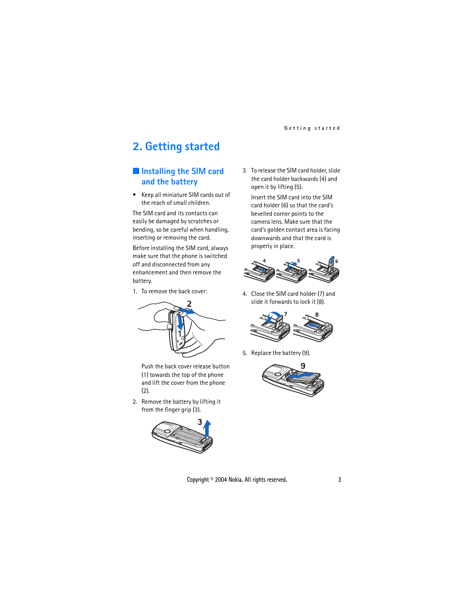 Getting started, Installing the sim card and the battery | Nokia 3200 User Manual | Page 14 / 73