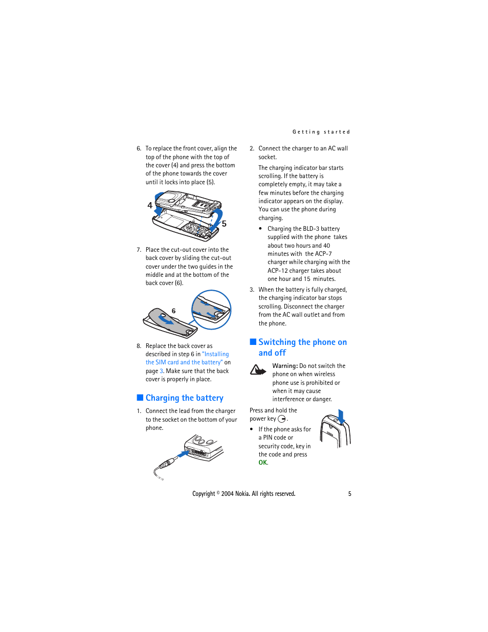 Charging the battery, Switching the phone on and off | Nokia 3200 User Manual | Page 16 / 73