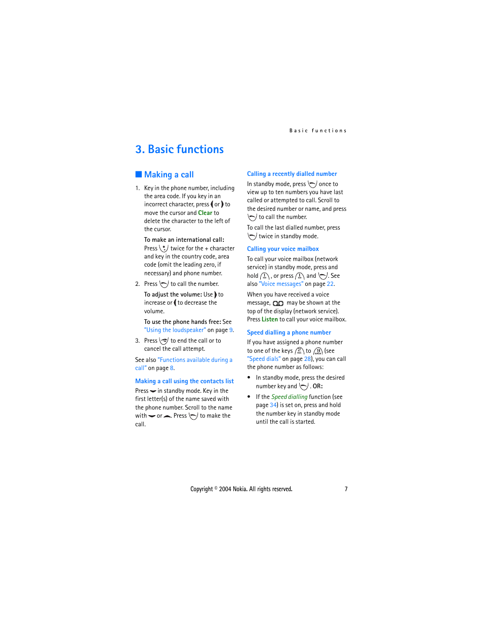 Basic functions, Making a call | Nokia 3200 User Manual | Page 18 / 73