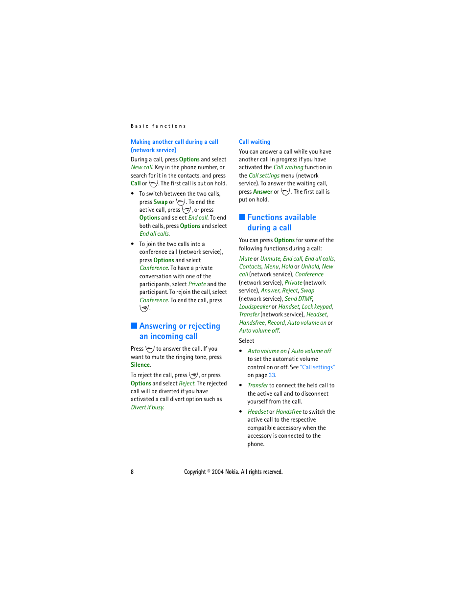 Answering or rejecting an incoming call, Functions available during a call, Functions available during a | Call | Nokia 3200 User Manual | Page 19 / 73