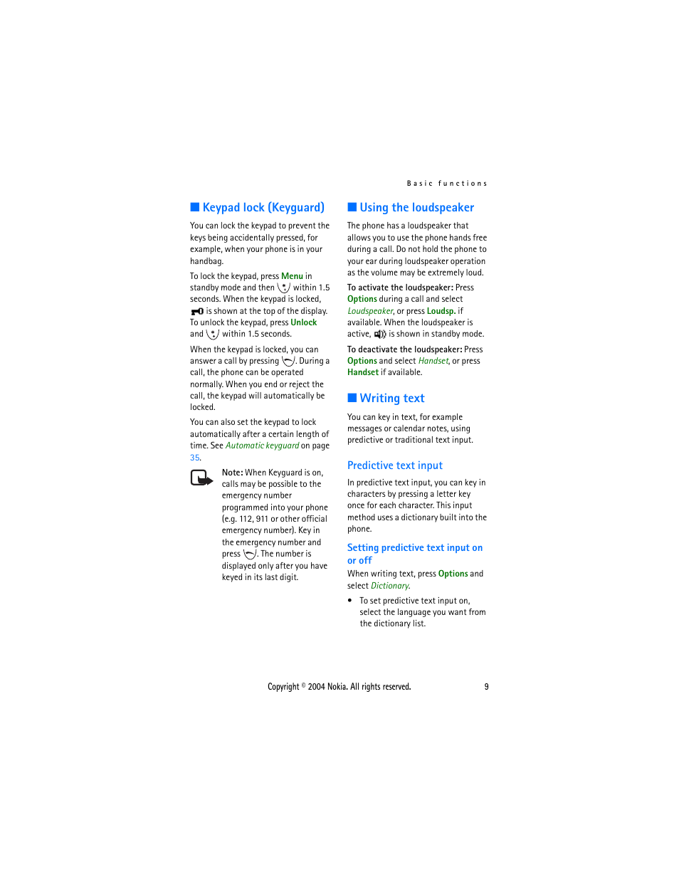 Keypad lock (keyguard), Using the loudspeaker, Writing text | Predictive text input, Keypad lock (keyguard) using the loudspeaker | Nokia 3200 User Manual | Page 20 / 73