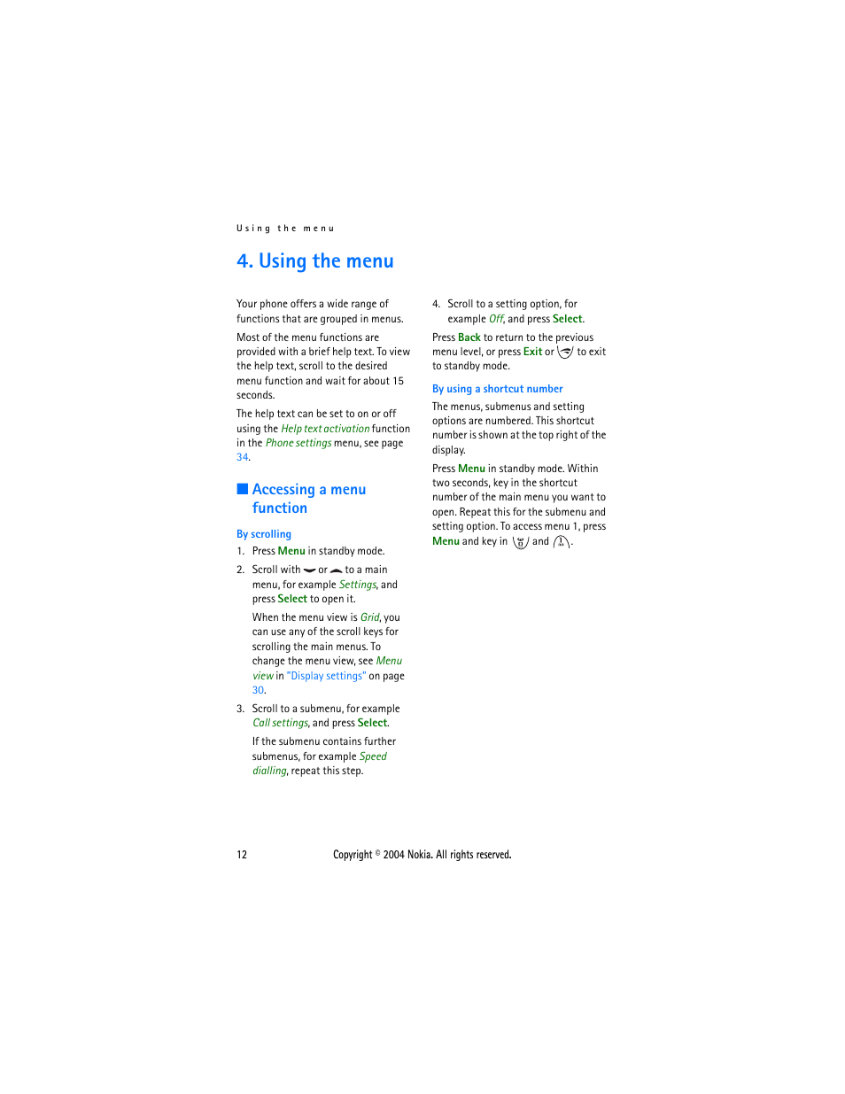 Using the menu, Accessing a menu function | Nokia 3200 User Manual | Page 23 / 73
