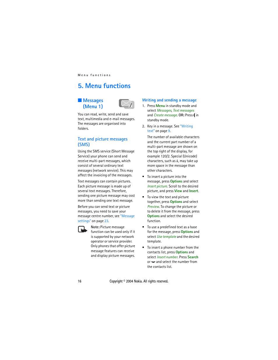 Menu functions, Messages (menu 1), Text and picture messages (sms) | Nokia 3200 User Manual | Page 27 / 73